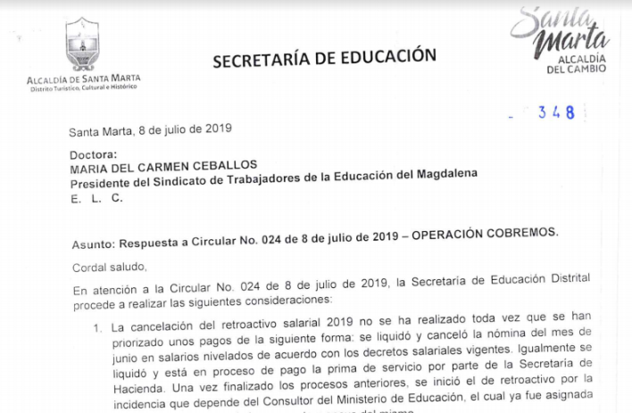 Secretaría de educación del Distrito, envía oficio al Sindicato de Trabajadores de la Educación del Magdalena, para dar respuesta al asunto relacionado con “operación Cobremos”.