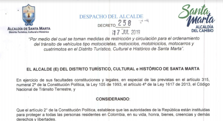 Alcaldía de Santa Marta adopta medida de restricción de circulación de motocicletas los días 15 y 30 de cada mes Alcaldía de Santa Marta adopta medida de restricción de circulación de motocicletas los días 15 y 30 de cada mes
