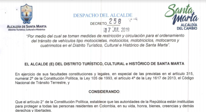 Alcaldía de Santa Marta adopta medida de restricción de circulación de motocicletas los días 15 y 30 de cada mes  