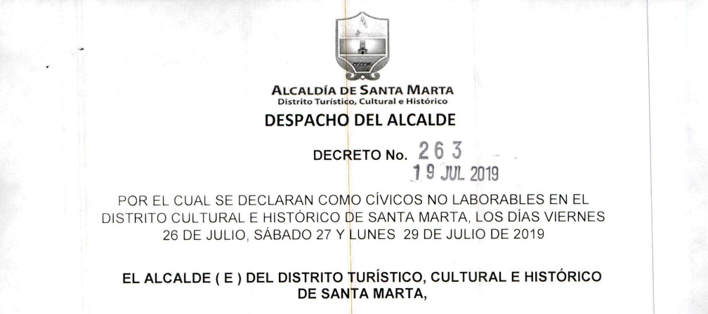 Alcaldía decreta días cívicos 26, 27 y 29 de julio por Fiesta del Mar y cumpleaños de Santa Marta