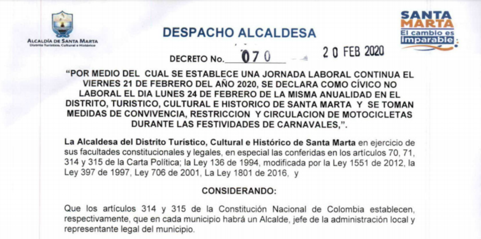 Gobierno Distrital decreta día cívico no laboral y restringe circulación de motocicletas para los días del Carnaval