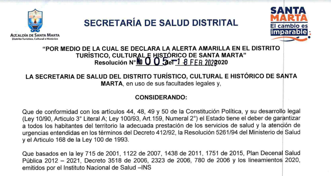 Secretaría de Salud declara alerta amarilla en Santa Marta con ocasión de los carnavales