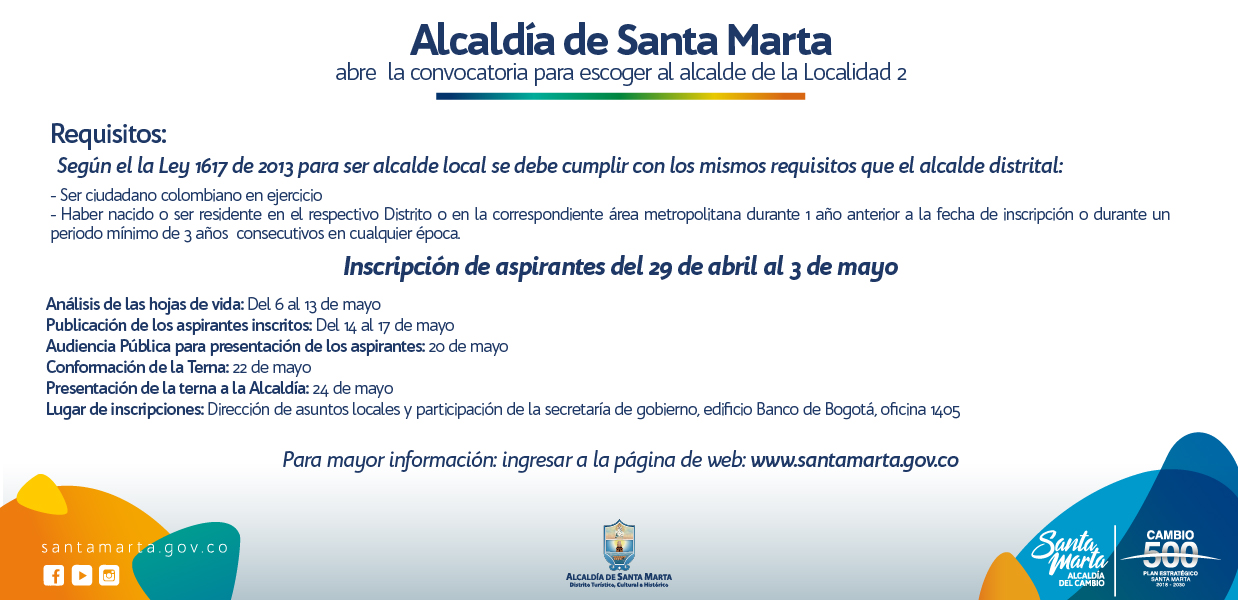 Alcaldía de Santa Marta abre la convocatoria para escoger al alcalde de la Localidad 2