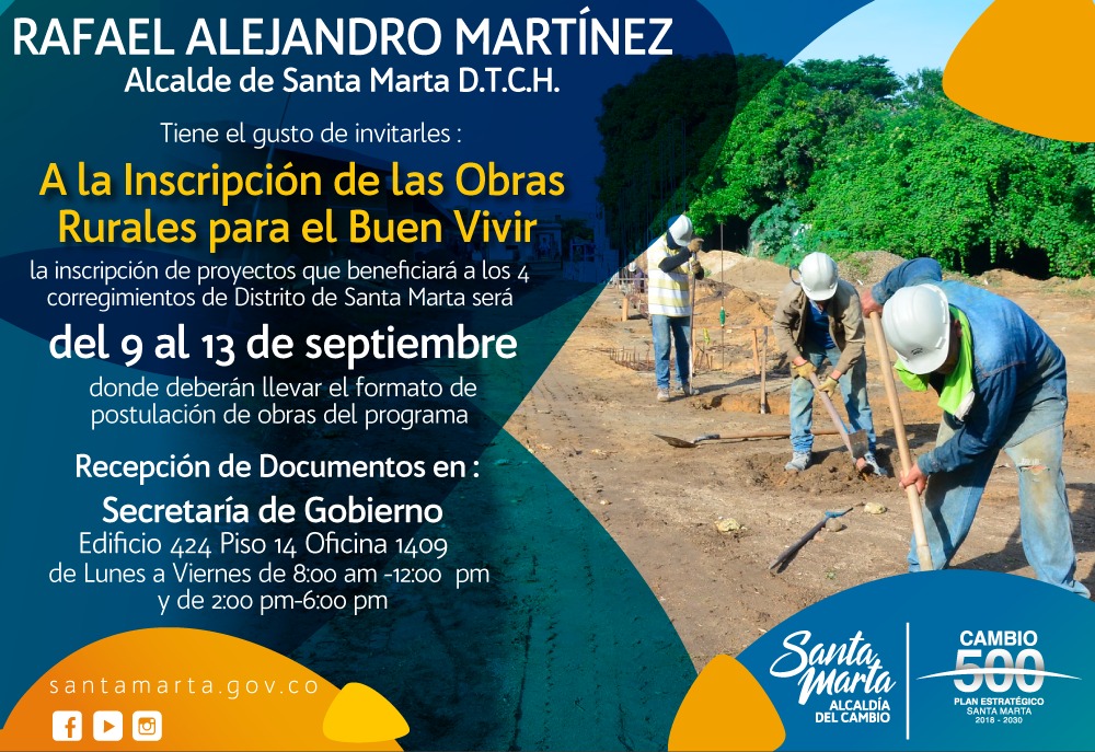 ¡ATENCIÓN! ESTE VIERNES SE CIERRAN LAS INSCRIPCIONES DE LAS ´OBRAS RURALES PARA EL BUEN VIVIR’ ¡ATENCIÓN! ESTE VIERNES SE CIERRAN LAS INSCRIPCIONES DE LAS ´OBRAS RURALES PARA EL BUEN VIVIR’