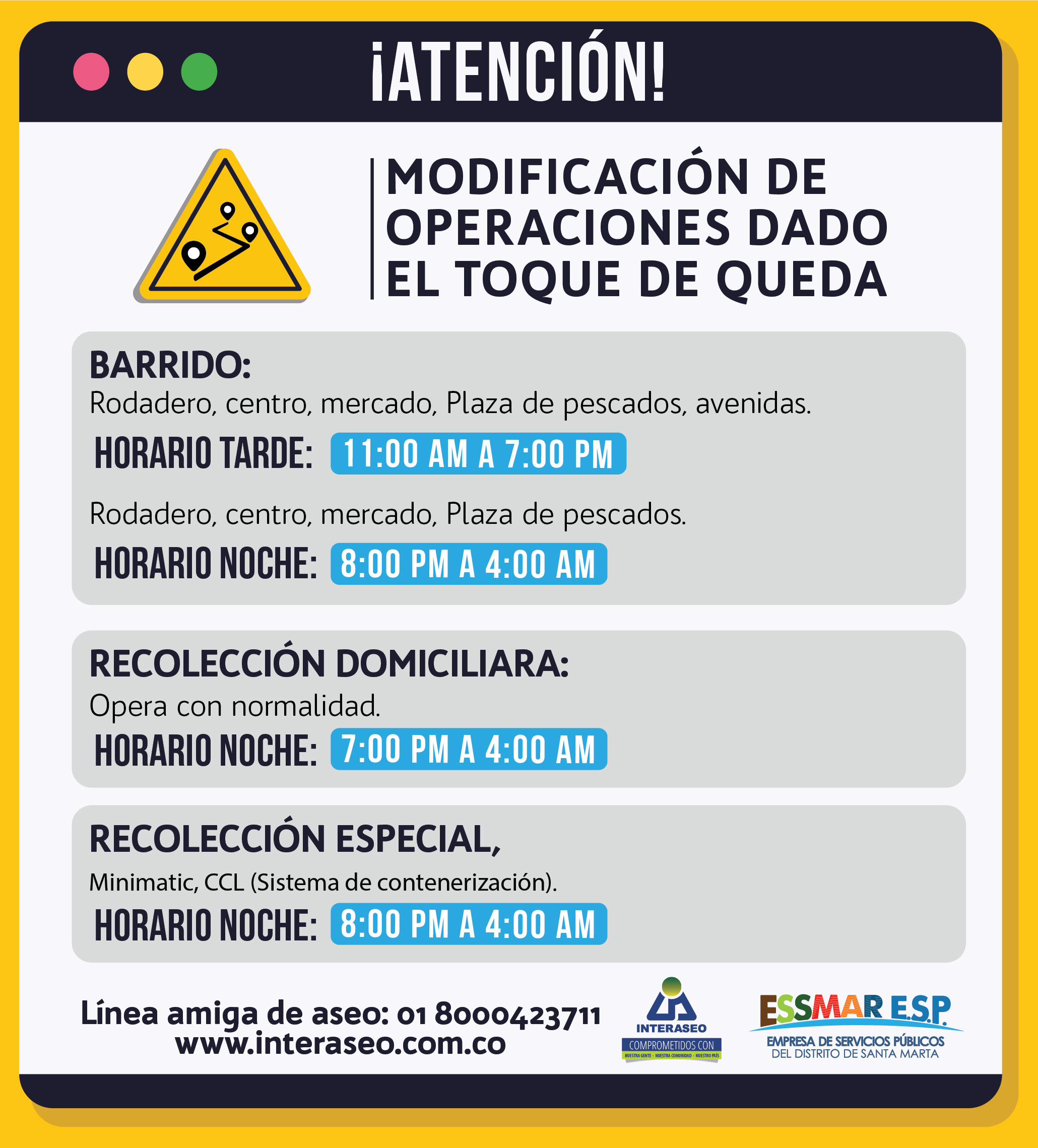 Se modifican horarios de atención del servicio de aseo