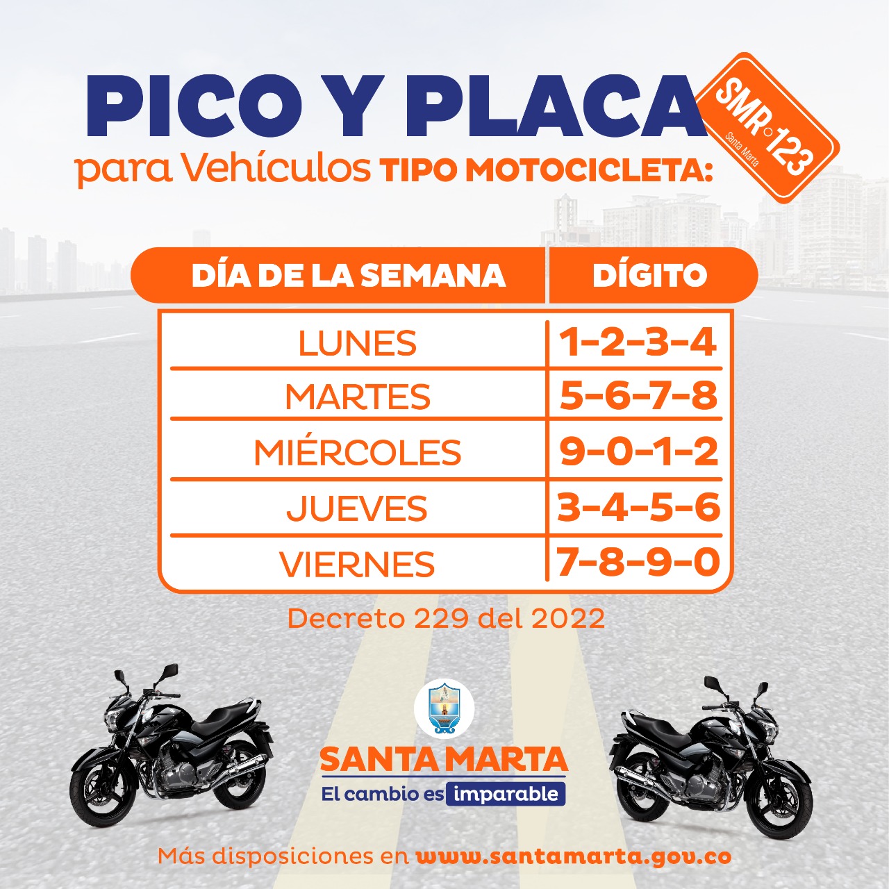 Samario ten en cuenta el “Pico y Placa” vigente para motocicletas