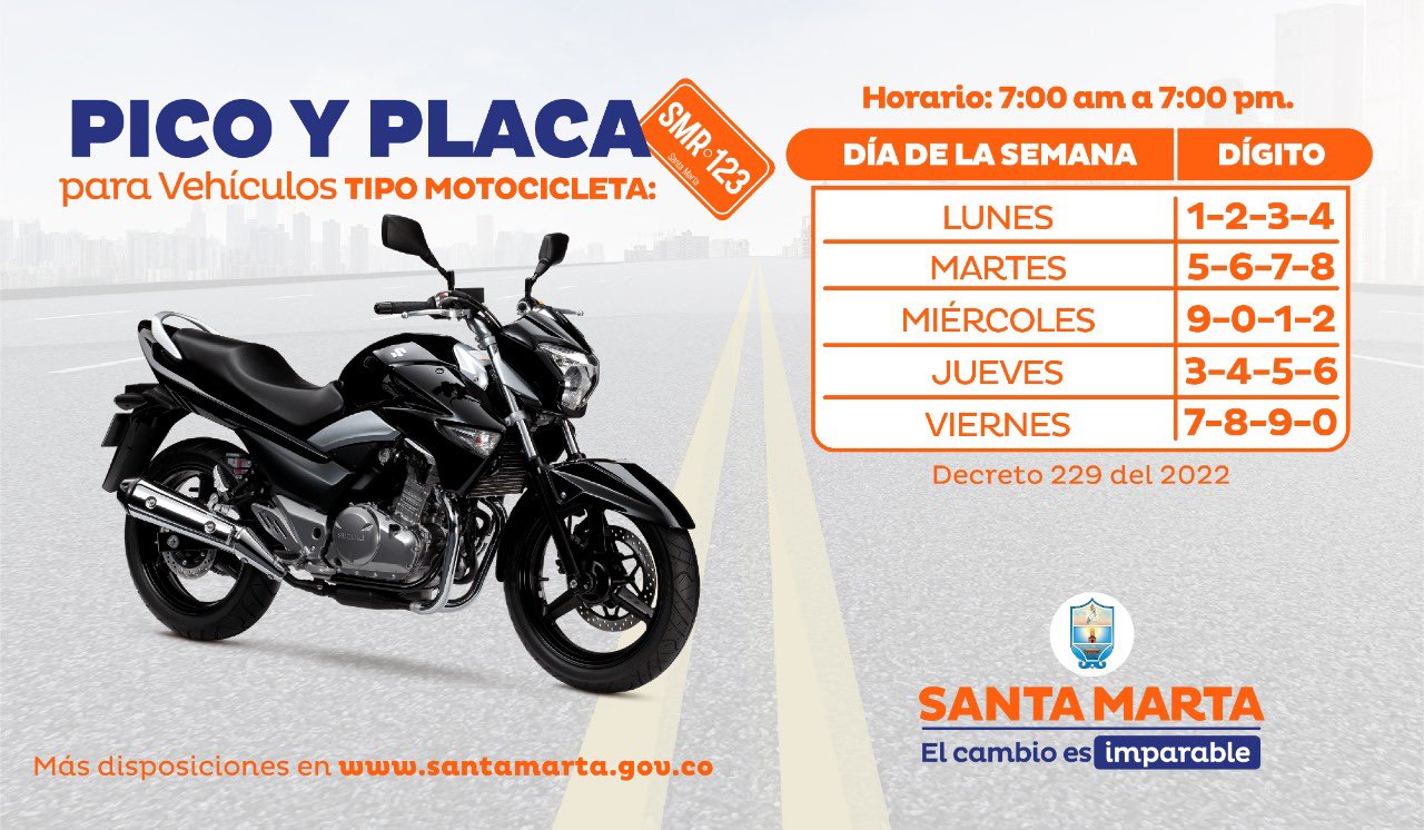 Samario ten en cuenta el “Pico y Placa” vigente para motocicletas