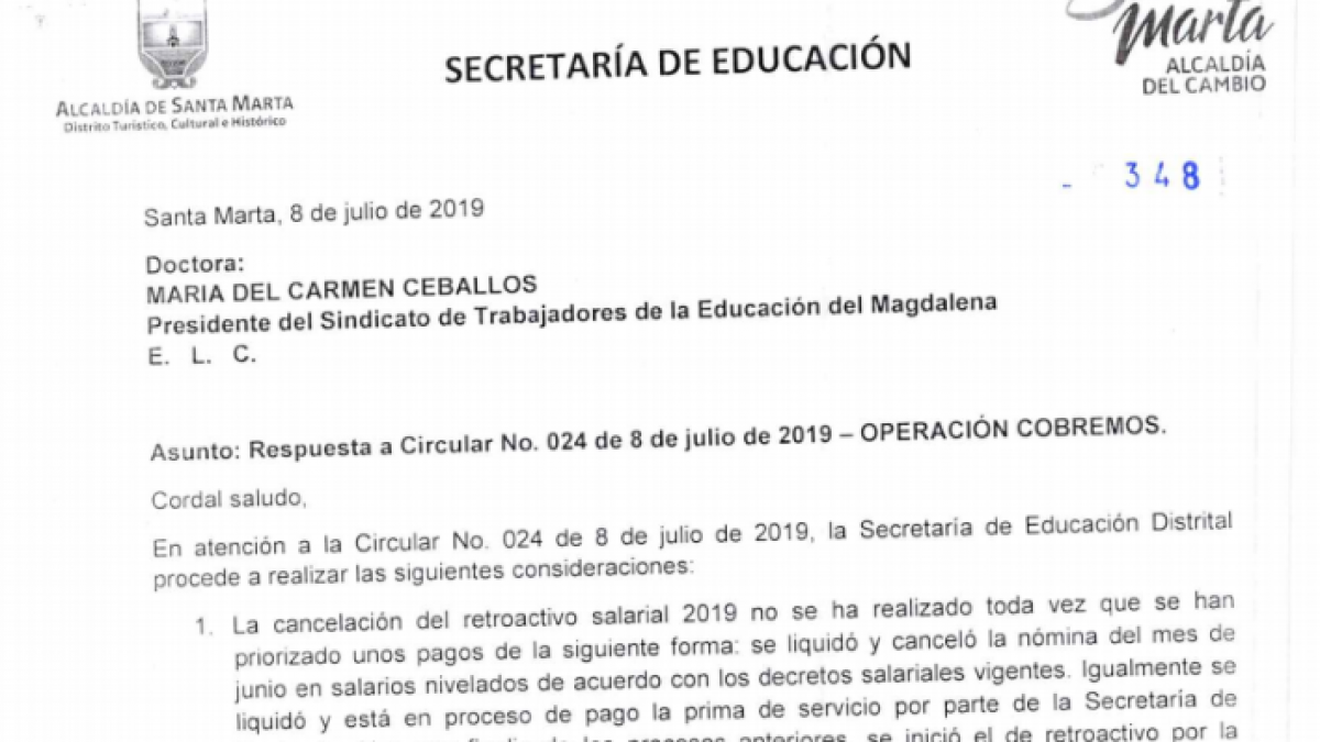 Secretaría de educación del Distrito, envía oficio al Sindicato de Trabajadores de la Educación del Magdalena, para dar respuesta al asunto relacionado con “operación Cobremos”.