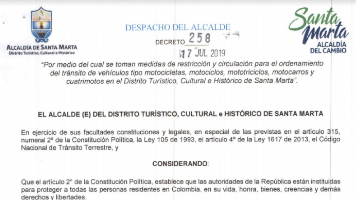 Alcaldía de Santa Marta adopta medida de restricción de circulación de motocicletas los días 15 y 30 de cada mes  