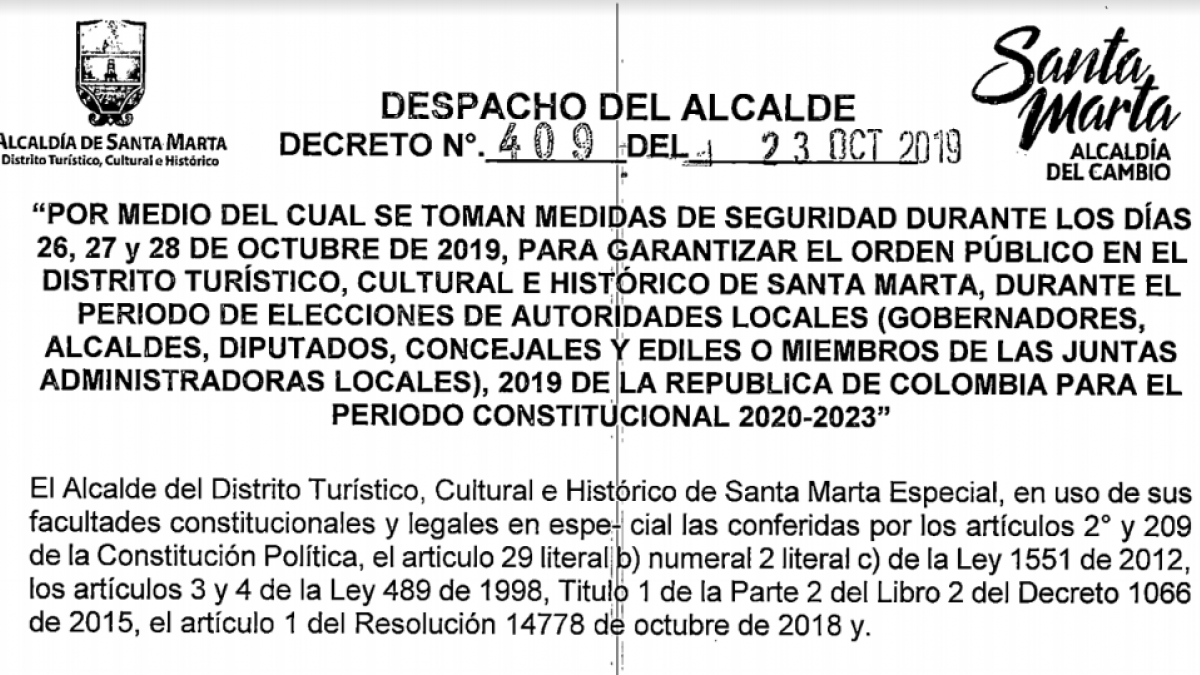 Alcaldía del Cambio expide decreto para garantizar seguridad y orden en elecciones territoriales