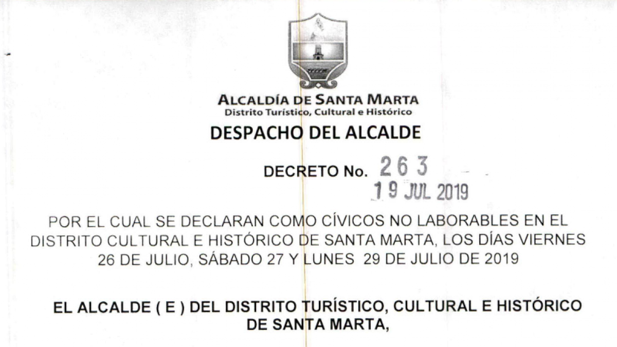 Alcaldía decreta días cívicos 26, 27 y 29 de julio por Fiesta del Mar y cumpleaños de Santa Marta