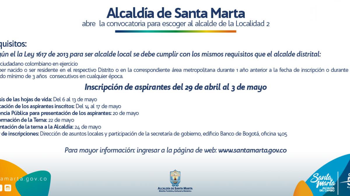 Alcaldía de Santa Marta abre la convocatoria para escoger al alcalde de la Localidad 2