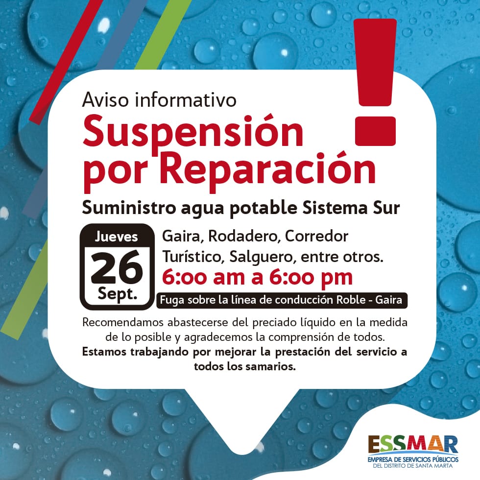 Suspensión del suministro de agua potable en el sistema sur Suspensión del suministro de agua potable en el sistema sur
